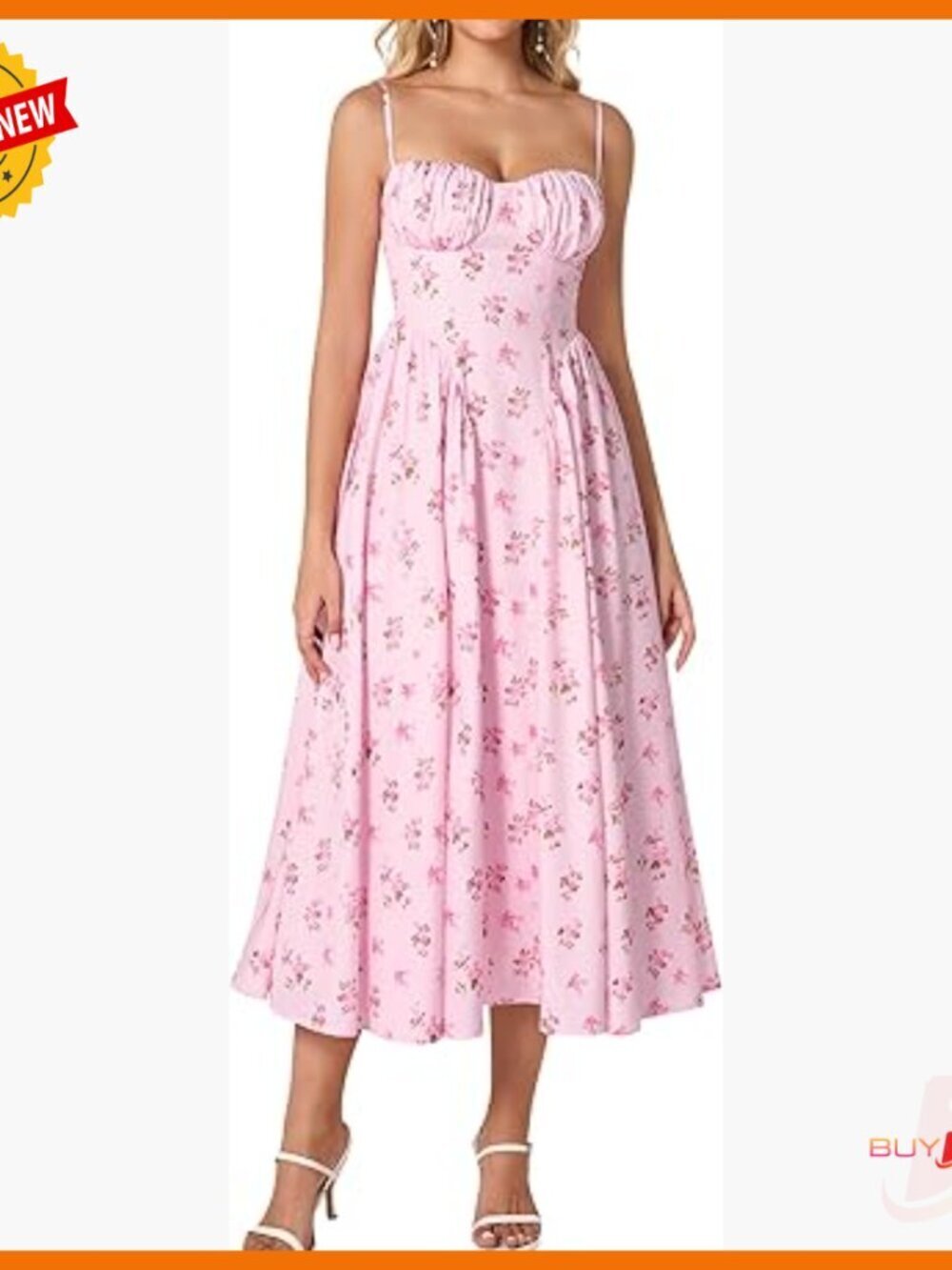 Floral Midi Dress Spaghetti Strap Lace Up Corset Sundress Wedding Guest